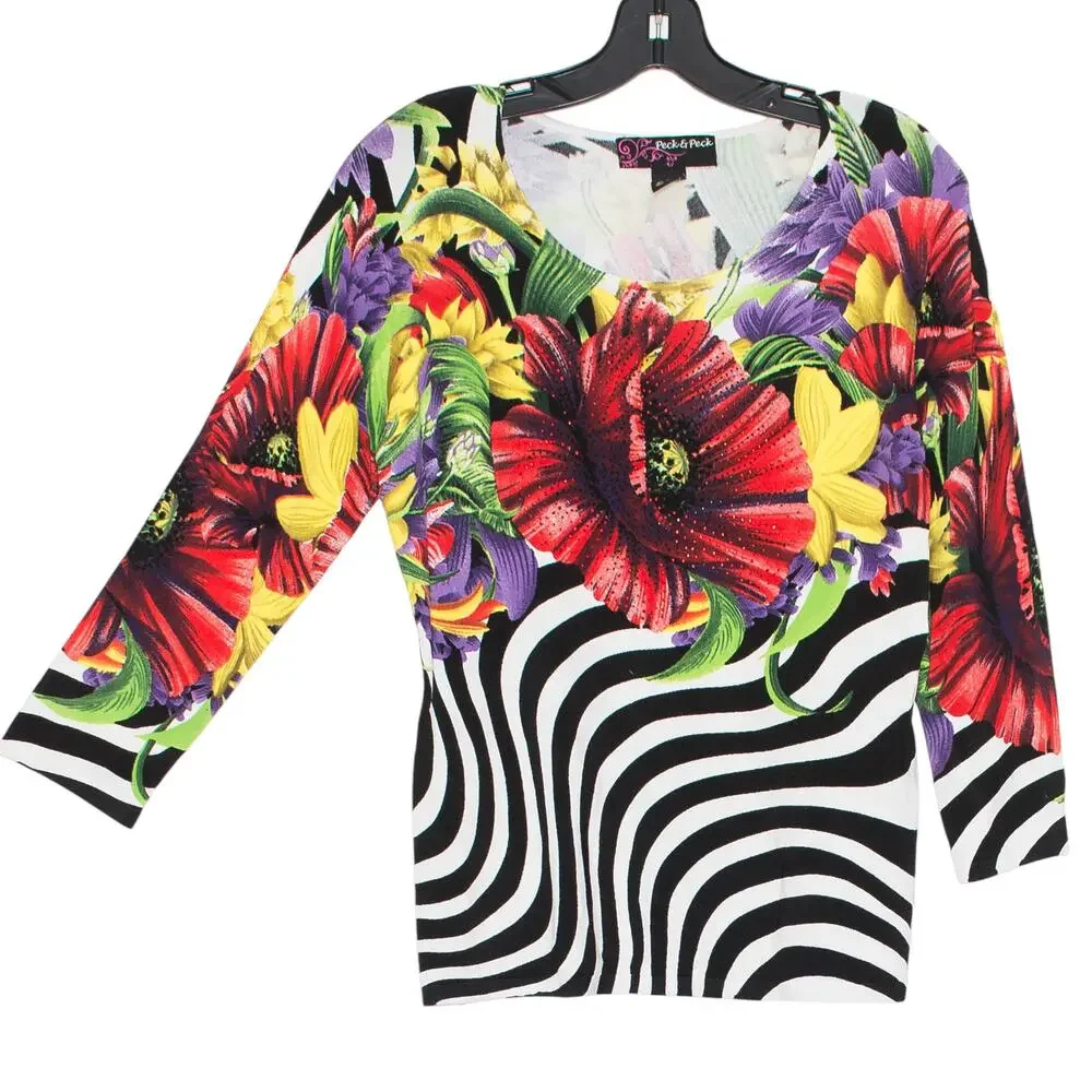 Peck & Peck Top 3/4 Sleeve Slinky Y2K Retro Statement Boho Floral Stripe Large - Picture 6 of 6